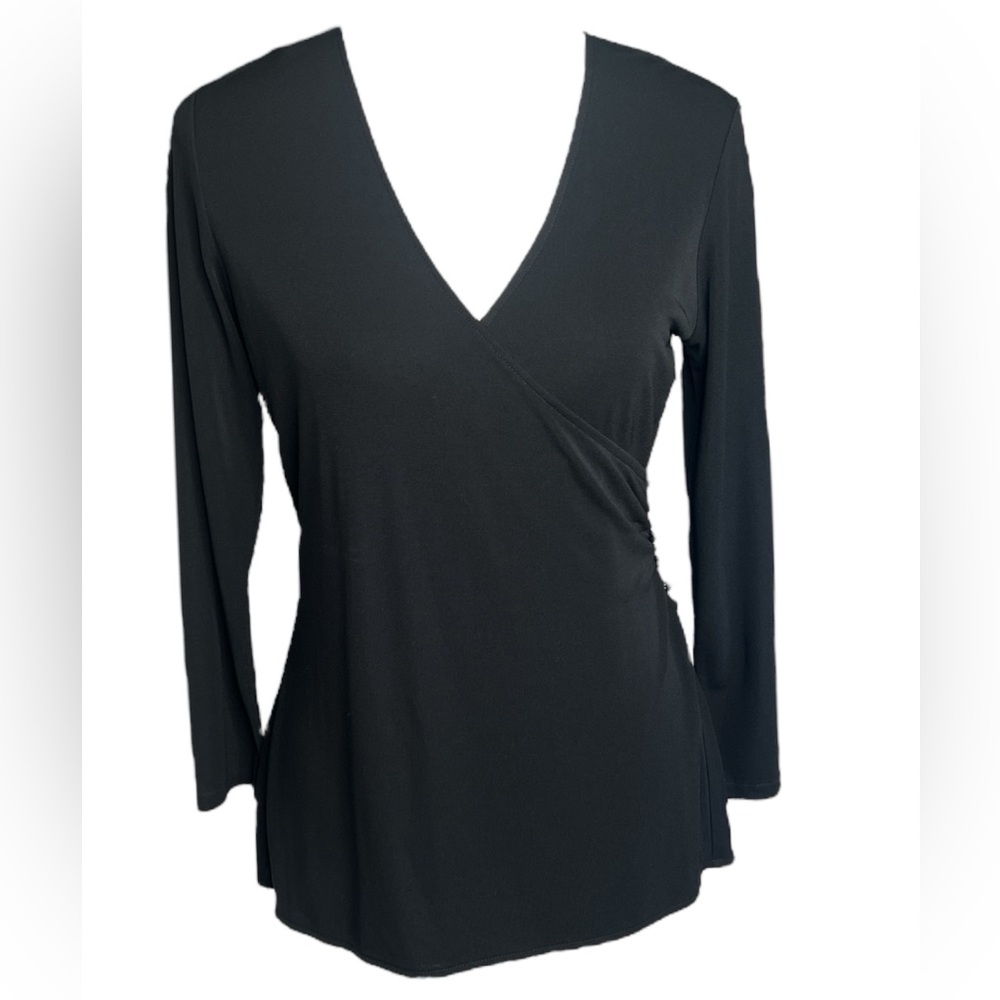 New Black Top V-Neck Long Sleeves Rouched Waist